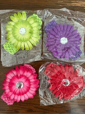 Set of 4 Flower Headband Clips - Lime, Purple, Pink, Red with Gem Centers